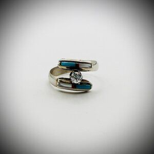 Vintage Sterling Multi-Stone Inlay Bypass Ring, Size 9 – Signed “DD”